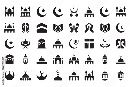 Minimalist islamic symbol collection including mosque domes crescent stars praying hands and holy books