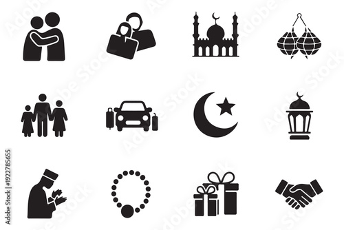 Ramadan kareem eid mubarak celebration icon set embracing family mosque lantern gifts vector illustration