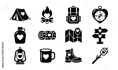 Outdoor adventure and camping icons with heart symbols