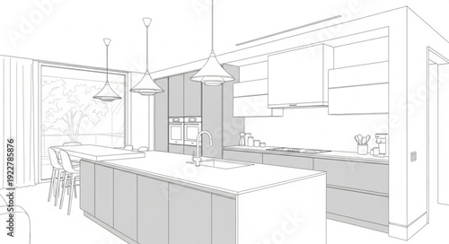Modern Kitchen Interior Design Sketch with Island and Cabinets.