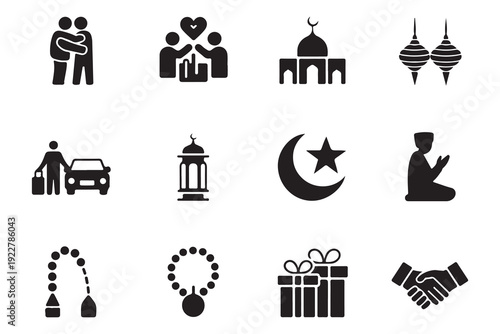 Islamic holiday icons family greeting mosque crescent moon prayer lantern gifts handshake vector set
