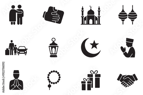 Muslim holiday icons family greeting mosque moon lantern prayer gifts handshake vector pack collection
