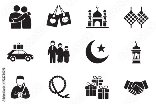 Islamic icons set family gathering holiday greetings mosque Ramadan moon lantern prayer gifts handshake