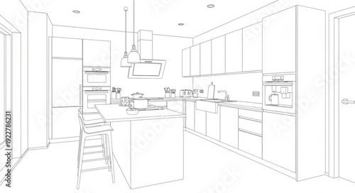 Modern Kitchen Interior Design Sketch with Island and Cabinets.