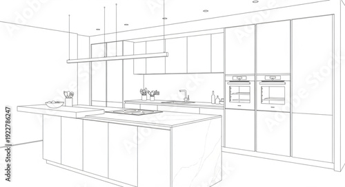 Modern Kitchen Interior Design Sketch with Island and Cabinets.