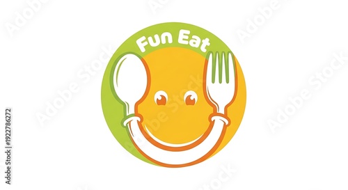 Fun eat logo design smiling face with spoon and fork on white