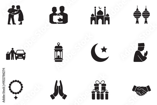 Islamic lifestyle icons set showcasing prayer gestures mosque architecture moon lantern and social unity