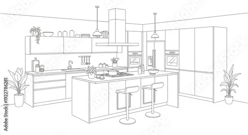 Modern Kitchen Interior Design Sketch with Island and Bar Stools.