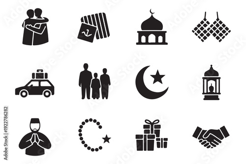 Eid al fitr celebration icons featuring traditional food ornaments mosque lantern and family homecoming