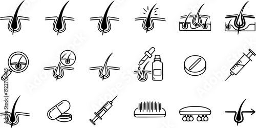 Set of black and white depicting hair follicle health and treatment concepts
