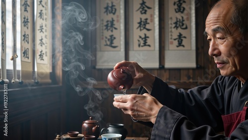 Senior asian man pouring hot tea from ceramic teapot in traditional tea ceremony. Mindfulness and relaxation concept for lifestyle.