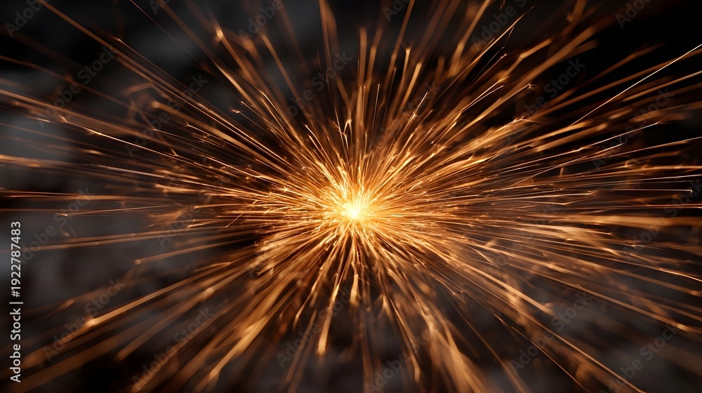 Obraz premium Brilliant burst of orange and yellow sparks radiates outward from a bright central glow against a dark smoky background