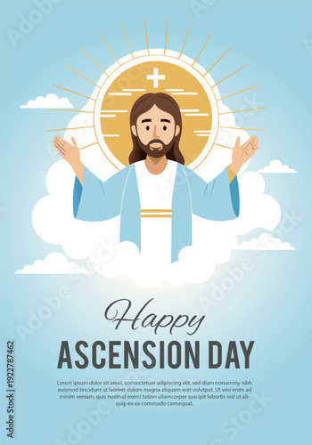 Illustration of jesus christ ascending, with outstretched arms, a halo, and clouds for ascension day.