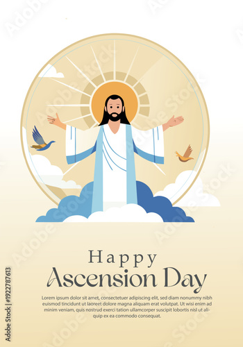 A beautiful illustration of jesus christ ascending into heaven on ascension day, embraced by divine light and clouds