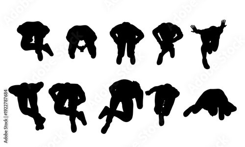 set of people sitting top view in city silhouette for architectural. men, women talking, relaxing, using phone. black shadow plan vector illustration.