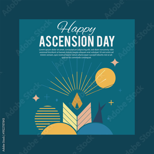 Happy ascension day greeting card featuring a glowing candle-like light source and abstract geometric shapes, set against a teal background.