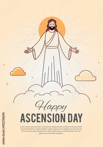 Jesus christ ascending on clouds with radiant sun, celebrating the holy event of ascension day.