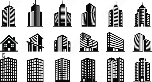 House and Building Vector Icon Set with Residential Homes and Commercial Skyscraper Silhouettes for Real Estate and Architecture Design Projects
