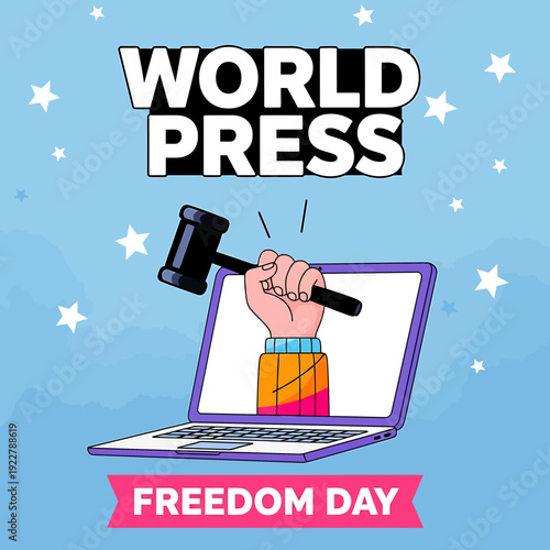 World Press Freedom Day illustration with laptop and gavel  symbolizing free speech