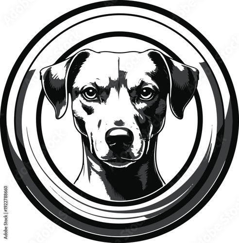  Pure black and white vector illustration of dog head front view inside bold round emblem border 3