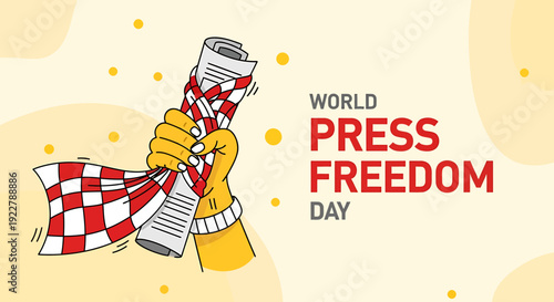 World Press Freedom Day illustration with hand holding newspaper and checkered flag