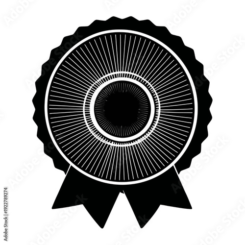 Classic vintage award badge with ribbon and rosette design. Retro monochrome illustration for quality, winner, and success recognition.
