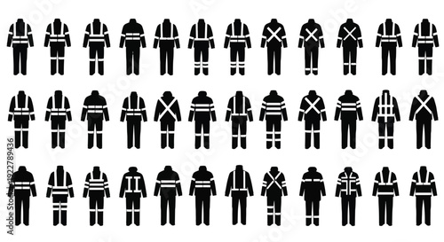 Collection of various uniformed personnel icons, firefighters, police officers, and workers standing in grid formation, viewed from the front.