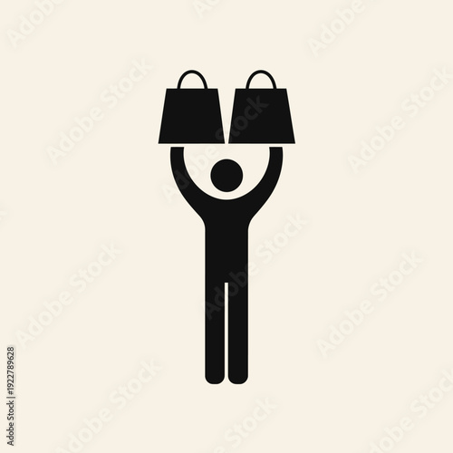 Black pictogram of person carrying two heavy shopping bags, symbolizing consumerism, retail, purchase, and delivery service.
