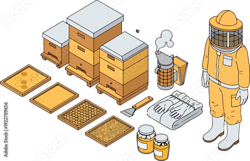 Beekeeper in protective suit stands beside beehives and equipment for harvesting honey in an apiary setting illustration