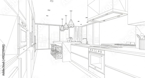 Modern kitchen interior design sketch with clean lines and minimalist aesthetic.