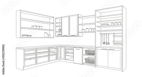 Modern Kitchen Interior Design Sketch with Cabinets and Appliances.