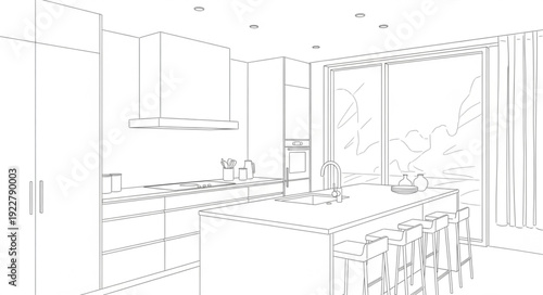 Modern Kitchen Interior Design Sketch Rendering.