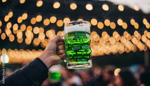 Wallpaper Mural Hand holding vibrant green beer in traditional glass mug with golden bokeh lights creating magical atmosphere. Perfect for St. Patrick Day Torontodigital.ca