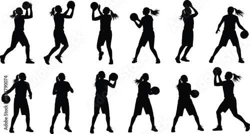 Basketball player silhouette set featuring female athlete dribbling shooting and holding ball, sports action vector illustration isolated background