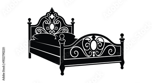 Black and white illustration of an ornate vintage style bed frame