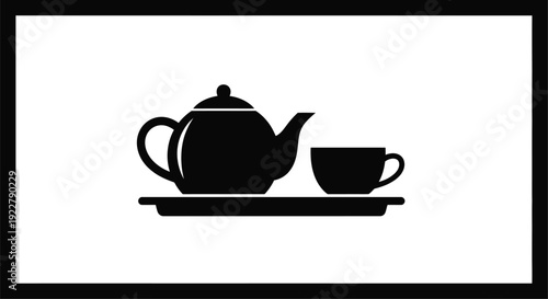 Simple black silhouette of a teapot and teacup on a tray