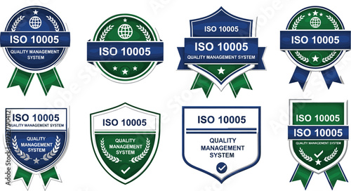 ISO 10005 Quality Management System Certification Badge Collection with Blue and Green Ribbons Shields and Seals for Business Compliance Standards