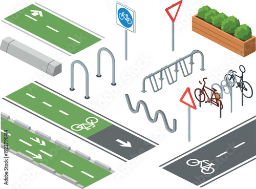 Cycling infrastructure illustration showing bike lanes, road signs, and safety features from an aerial viewpoint