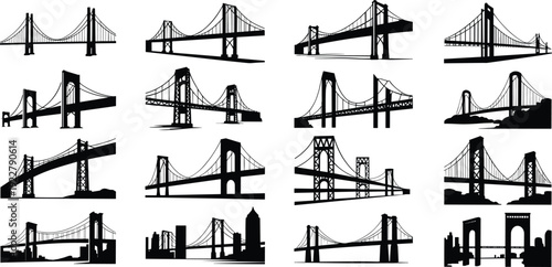 Collection of suspension bridge silhouettes with different architectural designs and city skyline elements, engineering vector illustration isolated background