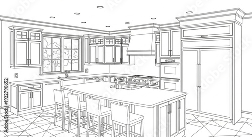 Modern Kitchen Interior Design Blueprint Sketch.