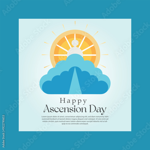 A joyful vector illustration celebrating 'happy ascension day' with a sun, clouds, and an upward path design.