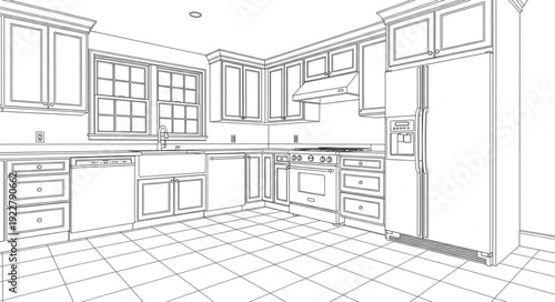 Modern Kitchen Interior Design Blueprint Sketch.