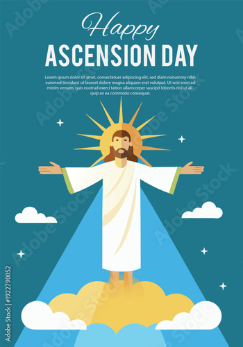 Happy ascension day illustration featuring jesus christ ascending into the heavens on a golden cloud, surrounded by stars and a divine light