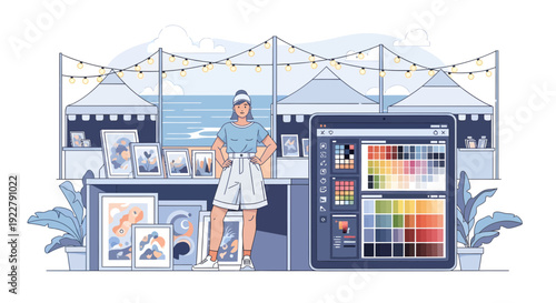 Female artist showcasing her digital art and design skills at an outdoor market.