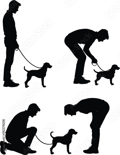Dog training progression silhouette set showing owner teaching puppy obedience commands with leash control, positive reinforcement, and bonding moments isolated on white background