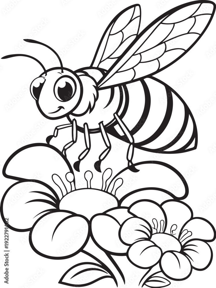 Obraz premium Happy cartoon bee with wings flying near cute flowers in a nature vector illustration featuring a funny black and white insect character design