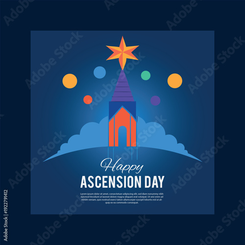 A vibrant illustration celebrating ascension day with a stylized church tower, star, and colorful celestial elements