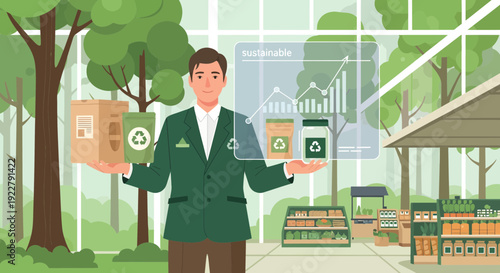 Man in green suit holding ecofriendly products and digital display with sustainability data.