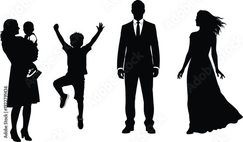 Family and people silhouette collection featuring mother with baby, child jumping, businessman and elegant woman isolated background vector