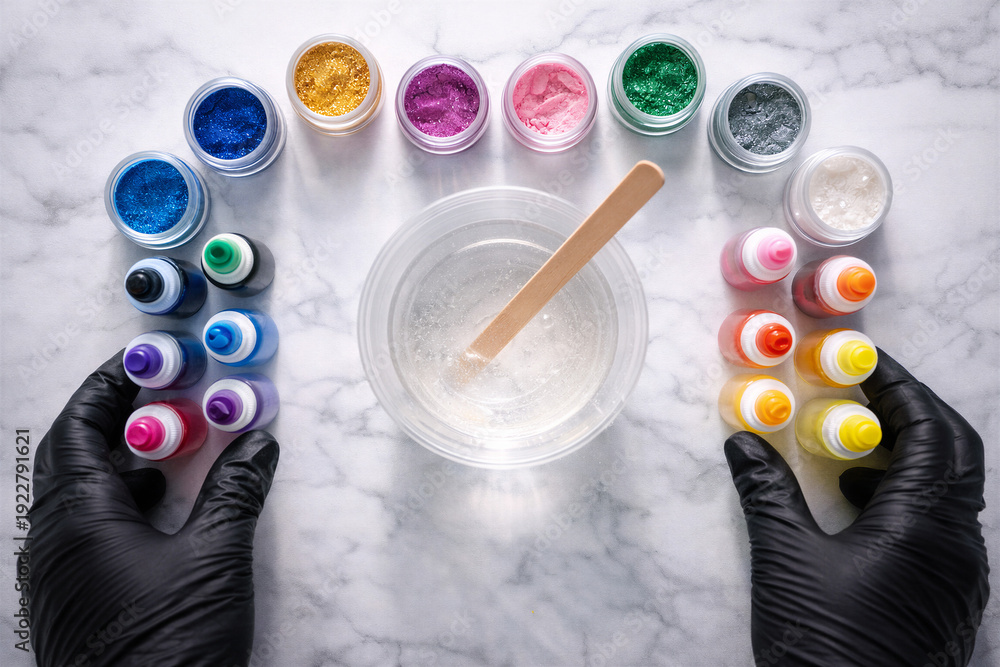 custom made wallpaper toronto digitalProfessional epoxy resin crafting workspace featuring rainbow array of metallic and liquid pigments, clear mixing bowl with wooden stirrer, and protective gloves on elegant marble background